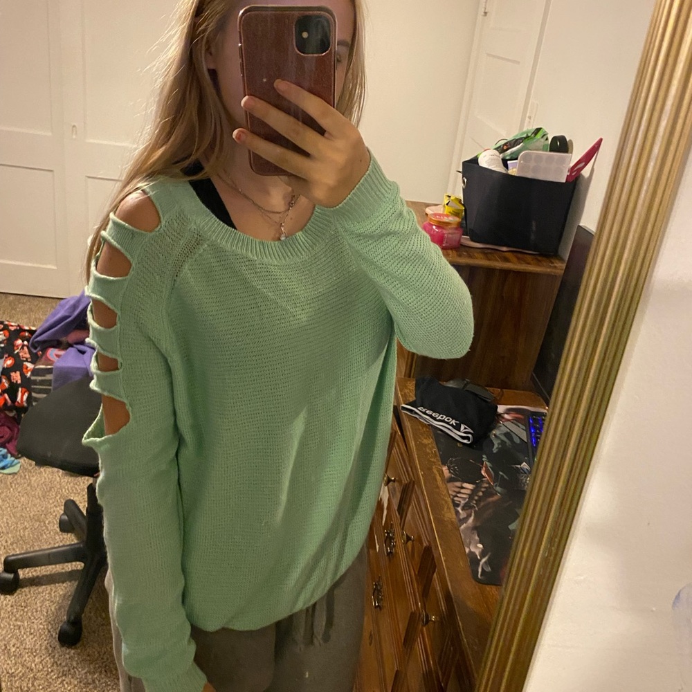 Mint Green Sweater with Cutout Sleeves